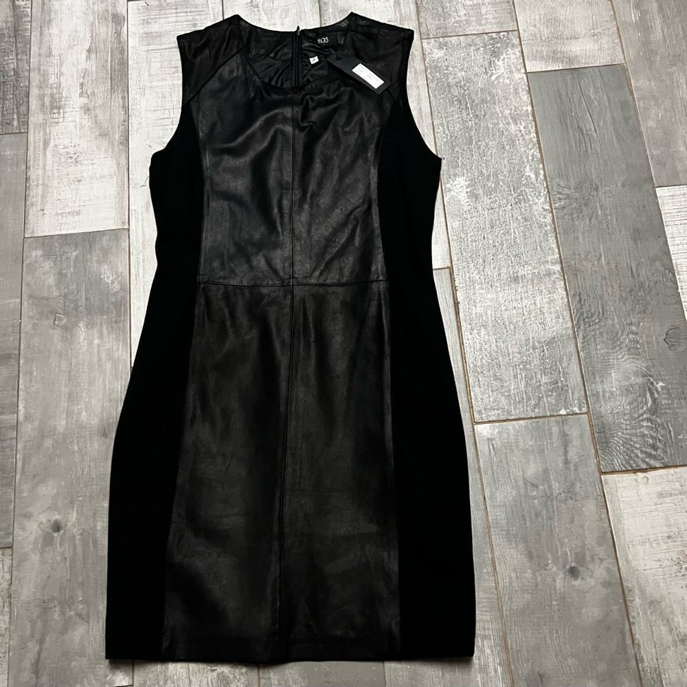 NWT SAS Sportswear Black Leather Mixed Stretch Sides Sleeveless Shift Dress 6